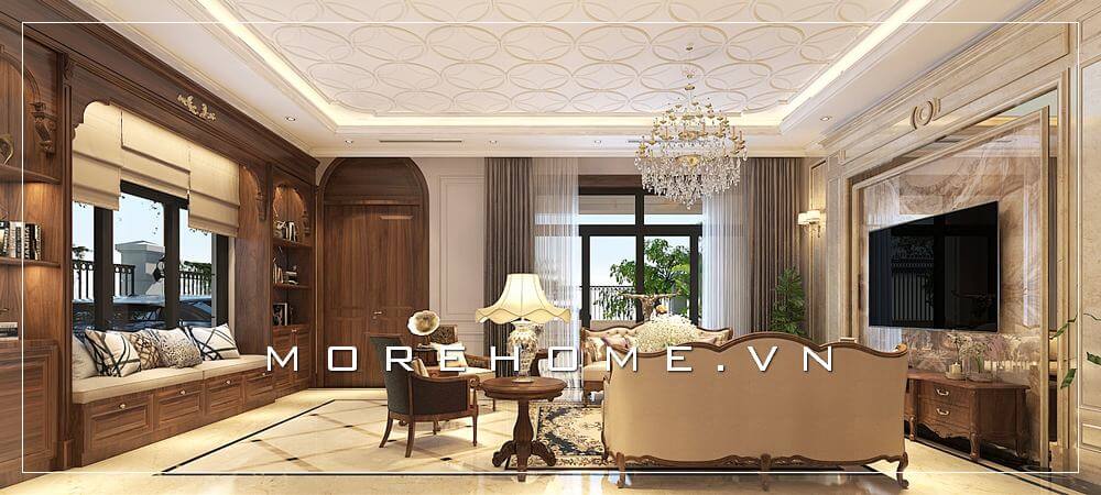 Trang trí nội thất phòng khách nhà phố đẹp với đồ nội thất gỗ tự nhiên phong cách tân cổ điển sang trọng, xu hướng được nhiều khách hàng lựa chọn cho trang trí nhà.